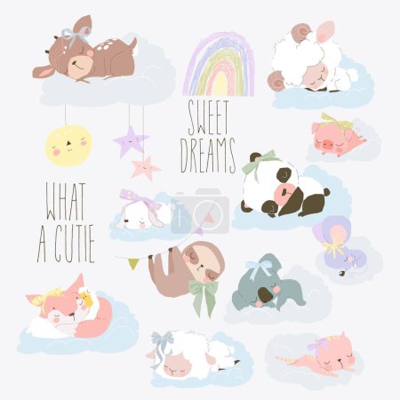 Cute Cartoon Set with Cute Animals sleeping on Clouds. Vector Illustration