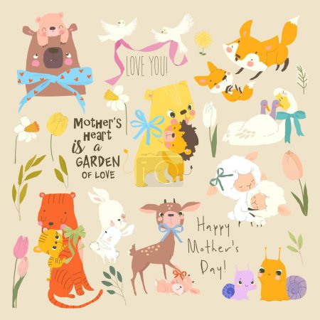 Ilustración de Conjunto de vectores de animales lindos para el Día de las Madres en estilo de dibujos animados - Imagen libre de derechos