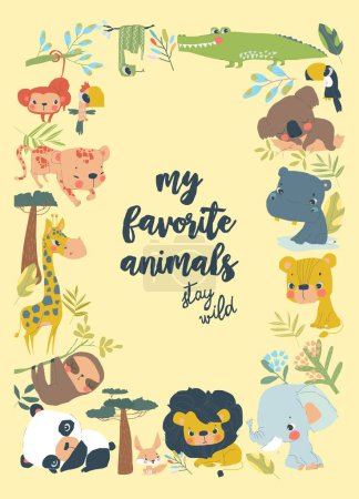 Vector Cartoon Frame with Cute Animals from Different Continents