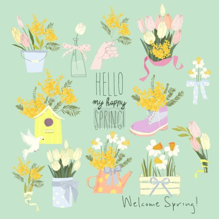 Illustration for Cartoon Vector Set with Fresh Spring Flowers Bouquets - Royalty Free Image