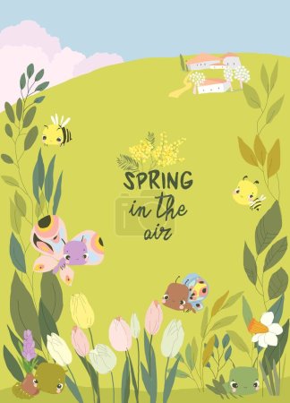 Téléchargez les illustrations : Cadre de dessin animé vectoriel avec de mignons bébés insectes, fleurs et plantes du printemps - en licence libre de droit