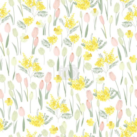 Ilustración de Patrón sin costura vectorial con tulipanes de primavera, Mimosa y narcisos - Imagen libre de derechos
