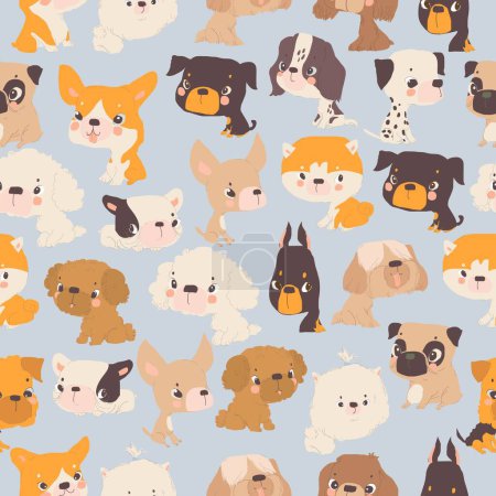 Illustration for Vector Seamless Pattern with Funny Puppies on Blue Background - Royalty Free Image