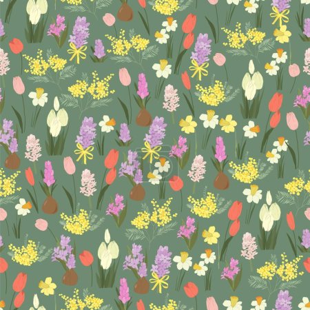 Ilustración de Vector Seamless Pattern with Spring Tulips, Mimosa and Daffodils - Imagen libre de derechos