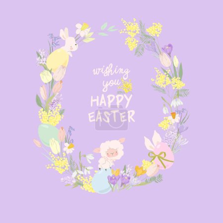 Téléchargez les illustrations : Vector Cartoon Easter Wreath with Eggs, Flowers and Animals - en licence libre de droit
