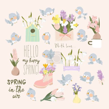 Ensemble vectoriel de bande dessinée avec des bouquets de fleurs de printemps fraîches et des oiseaux