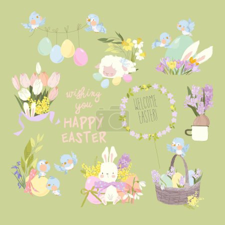 Ilustración de Vector Easter Set with Cute White Bunnies, Sheep, Flowers and Easter Eggs - Imagen libre de derechos