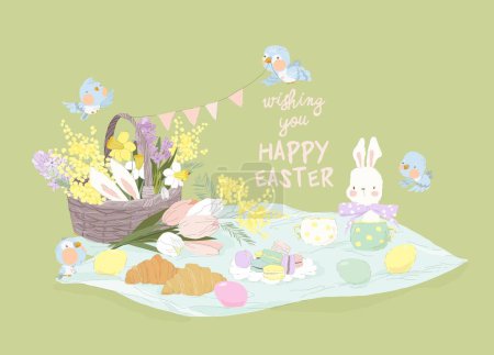 Easter Spring Picnic Scene with Easter Eggs, Flowers and Bunnies. Vector illustration