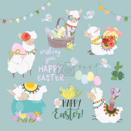 Ilustración de Vector Cartoon Easter Set with Cute Alpacas and Easter Eggs - Imagen libre de derechos