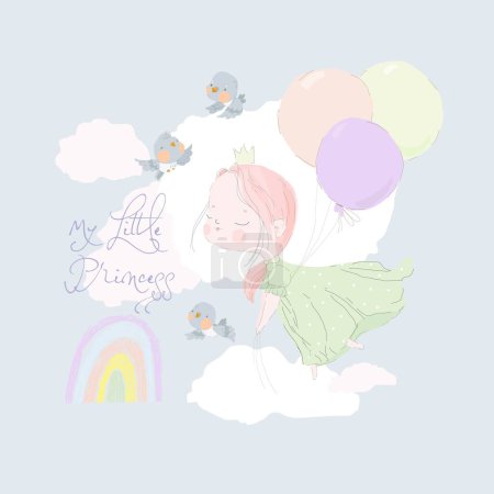 Illustration for Little Cute Princess flying in the Sky with Balloons. Pastel Colors. Vector Illustration - Royalty Free Image