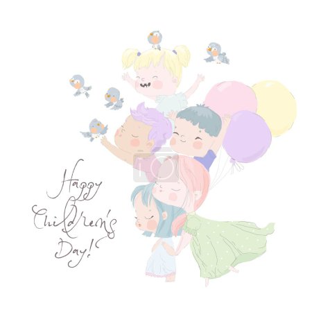 Illustration for Cartoon Happy Kids celebrating Children s Day. Vector Illustration - Royalty Free Image