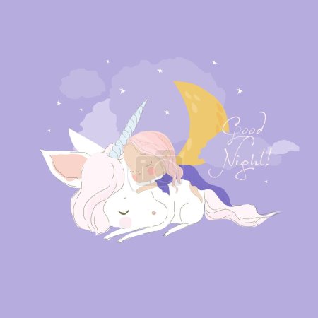 Illustration for Cute Little Girl sleeps on Back of Unicorn. Vector Illustration - Royalty Free Image