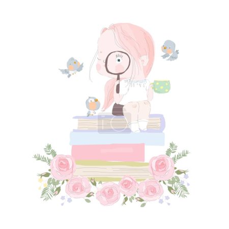 Girl sitting on Stack of Book and holding a Magnifying Glass. Vector Illustration