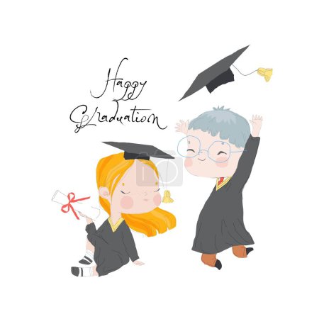 Illustration for Happy Graduates in Academic Dress holding Diploma. Vector Illustration - Royalty Free Image