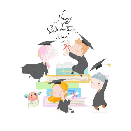Illustration for Group Happy Graduated Students wearing Academic Dress holding Diploma. Vector Illustration - Royalty Free Image