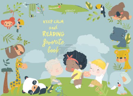Ilustración de Niños leyendo Libro con animales de dibujos animados. Ilustración vectorial - Imagen libre de derechos