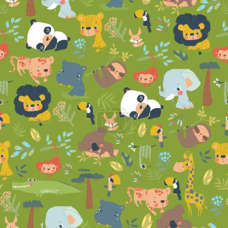 Ilustración de Patrón sin costura vectorial con animales de la selva sobre fondo verde - Imagen libre de derechos
