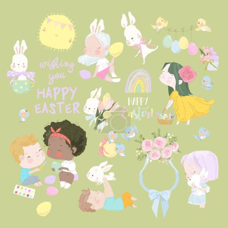 Téléchargez les illustrations : Ensemble de Pâques vectoriel avec des enfants mignons, des œufs de Pâques et des lapins - en licence libre de droit