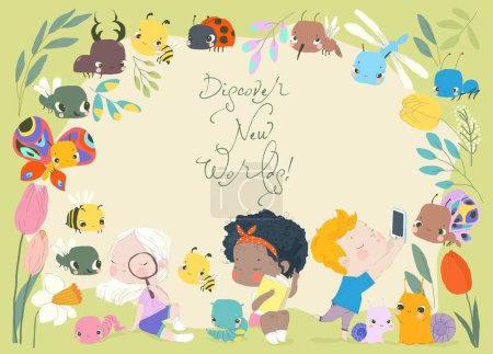 Téléchargez les illustrations : Illustration vectorielle de dessins animés d'enfants heureux découvrant des insectes - en licence libre de droit