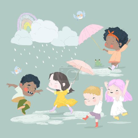 Téléchargez les illustrations : Dessin animé mignon Les enfants apprécient et s'amusent la pluie. Illustration vectorielle - en licence libre de droit