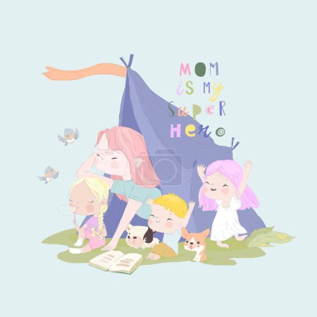 Illustration for Happy Mother and Her Kids playing in a Teepee Tent. Vector Illustration - Royalty Free Image