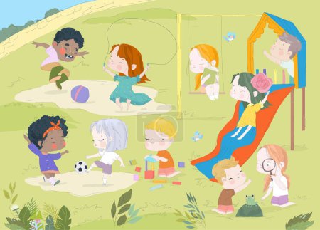 Ilustración de Grupo de niños jugando en el patio de recreo Pasando tiempo en juegos, divirtiéndose, tonteando. Ilustración vectorial - Imagen libre de derechos