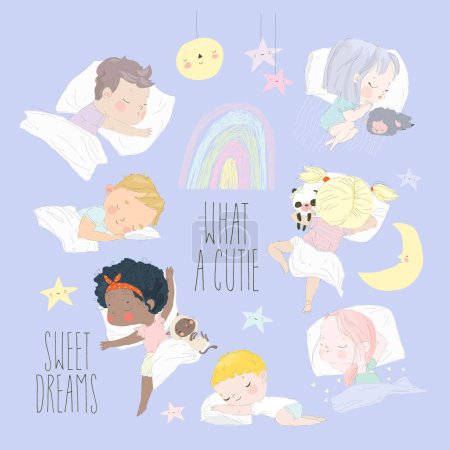 Illustration for Adorable Little Boys and Girls sleeping Sweetly in their Beds. vector Illustration - Royalty Free Image