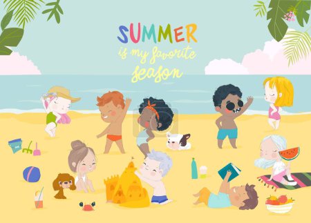 Illustration for Kids sunbath swimming in the Sea at Summer Childrens Camp on Sea Beach Shores. Vector Illustration - Royalty Free Image