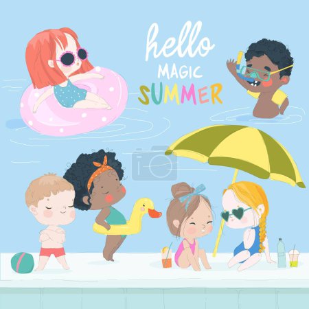 Illustration for Cartoon Happy Kids enjoying and sunbathing on Swimpool. Vector Illustration - Royalty Free Image