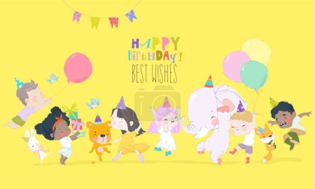 Ilustración de Fiesta de aniversario de cumpleaños con animales lindos y niños. Ilustración vectorial - Imagen libre de derechos