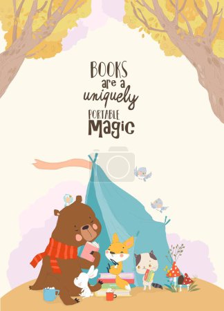 Illustration for Cartoon Funny Animals reading Book in a Teepee Tent. Vector Illustration - Royalty Free Image