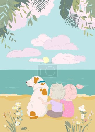 Ilustración de Dibujos animados Pareja feliz con perro sentado en la playa orilla del océano. Ilustración vectorial - Imagen libre de derechos