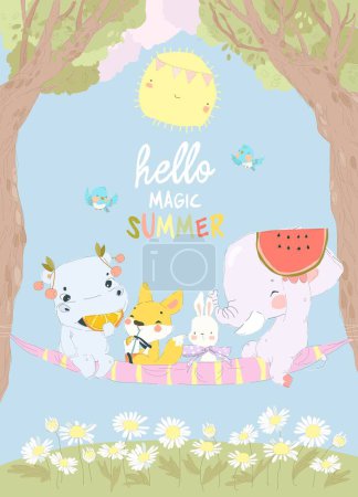 Illustration for Cute Cartoon Animals enjoying Summer in Big Hammock. Vector Illustration - Royalty Free Image
