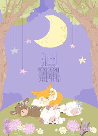 Téléchargez les illustrations : Animaux mignons dormant sur la pelouse dans la forêt. Illustration vectorielle - en licence libre de droit