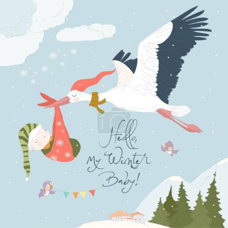 Illustration for Stork flying in the Sky with Baby. Baby Shower Card. Vector Illustration - Royalty Free Image