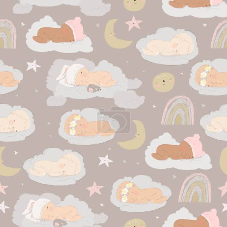 Téléchargez les illustrations : Modèle sans couture vectoriel avec des bébés mignons dormant sur un nuage - en licence libre de droit