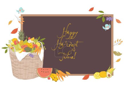 Téléchargez les illustrations : Illustration vectorielle du panier de dessins animés avec fruits et légumes. Happy Harvest Time - en licence libre de droit