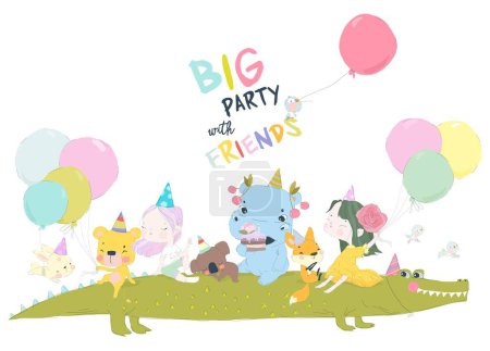 Ilustración de Fiesta de aniversario de cumpleaños con animales lindos y niños. Ilustración vectorial - Imagen libre de derechos