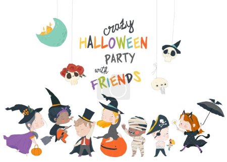 Ilustración de Conjunto vectorial de niños y niñas multirraciales, con disfraces de Halloween aislados sobre fondo blanco - Imagen libre de derechos