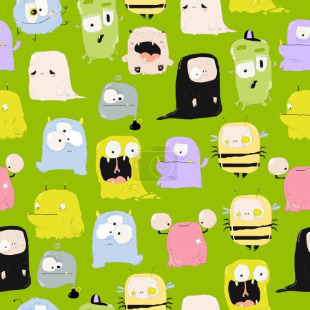 Illustration for Vector Seamless Pattern with Funny and Cute Colourful Monsters for Halloween on Green Background - Royalty Free Image
