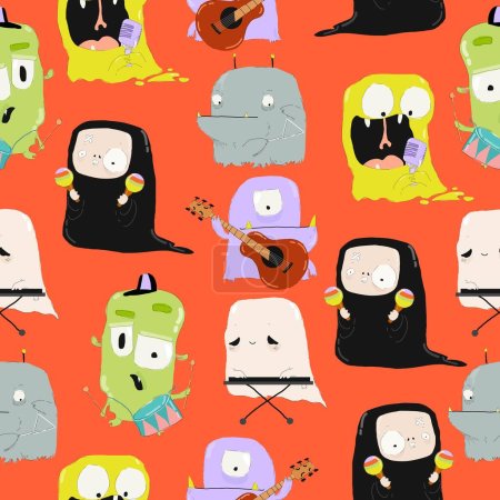 Téléchargez les illustrations : Modèle sans couture vectoriel avec drôle Halloween Monstres Band jouer de la musique folle - en licence libre de droit