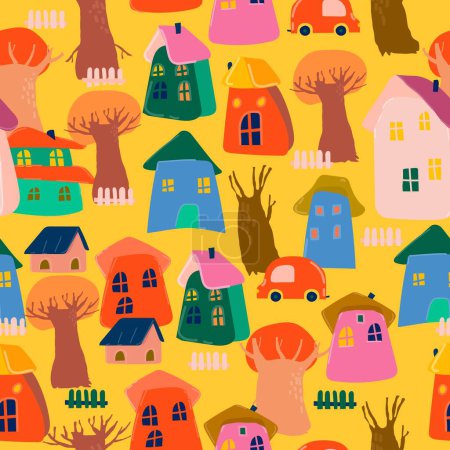 Téléchargez les illustrations : Modèle sans couture vectoriel avec des maisons colorées de bande dessinée et des arbres d'automne - en licence libre de droit