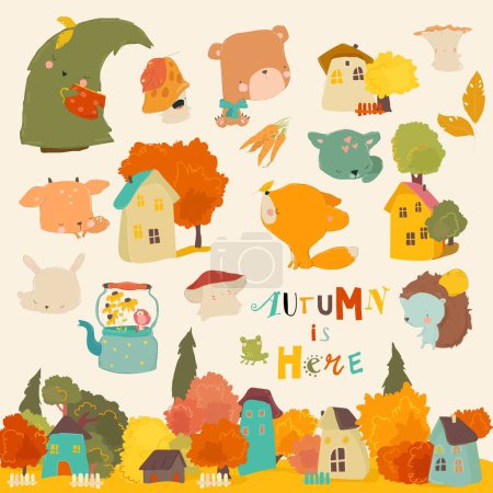 Téléchargez les illustrations : Dessin animé d'automne avec des animaux des bois et des arbres. Ensemble vectoriel - en licence libre de droit