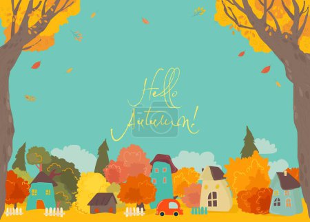 Ilustración de Lindas casas de dibujos animados coloridos con árboles de otoño. Ilustración vectorial - Imagen libre de derechos