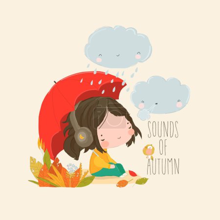 Illustration for Girl sitting under Umbrella and listening to Music in the Headphones in the Rain. Vector illustration - Royalty Free Image