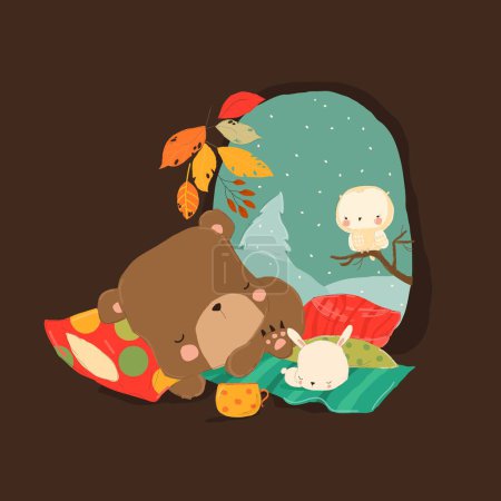 Illustration for Cute Bear sleeping with Little Rabbit in Den. Vector Illustration - Royalty Free Image