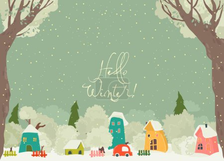 Ilustración de Lindos dibujos animados coloridas casas con árboles de invierno. Ilustración vectorial - Imagen libre de derechos