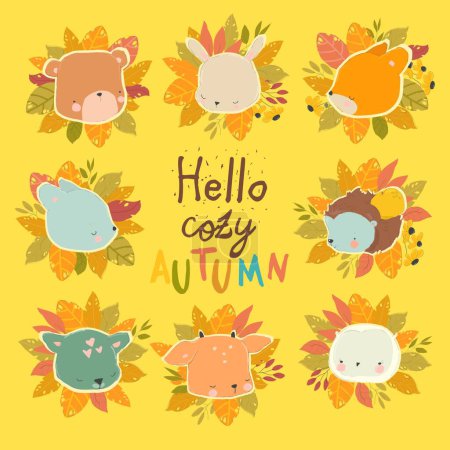 Illustration for Vector Cartoon Autumn Set with Woodland Animals and Wreath - Royalty Free Image