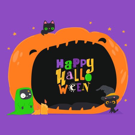 Téléchargez les illustrations : Illustration vectorielle d'Halloween avec grande citrouille et chats noirs - en licence libre de droit
