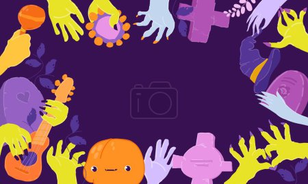 Ilustración de Banner de Halloween de dibujos animados vectorial con manos zombi tocando instrumentos de música - Imagen libre de derechos